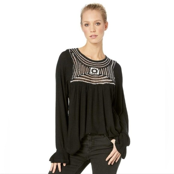 Free People Soul Mate Crochet Black Combo Waffle Knit Long Sleeve Top - Picture 1 of 12